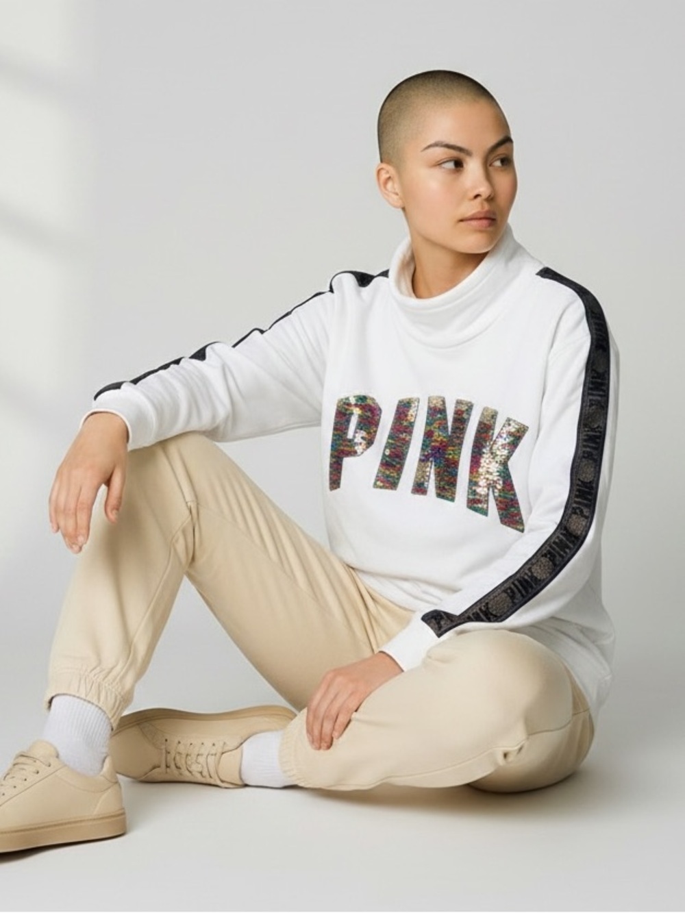PINK Victoria's Secret White Pullover Sweater with Multicolor Sequin Logo